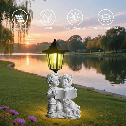Solar Garden Angel Country Farm Reading Boy and Girl with Light, Outside Decorations for Patio Yard Lawn Walkway Ornaments