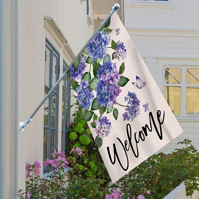 Welcome Spring Hydrangea Decorative House Flag, Purple Floral Flowers Butterfly Garden Yard Outside Decorations, Summer Farmhouse Outdoor Large Home Decor Double Sided 28 x 40