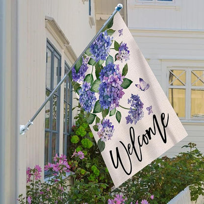 Welcome Spring Hydrangea Decorative House Flag, Purple Floral Flowers Butterfly Garden Yard Outside Decorations, Summer Farmhouse Outdoor Large Home Decor Double Sided 28 x 40