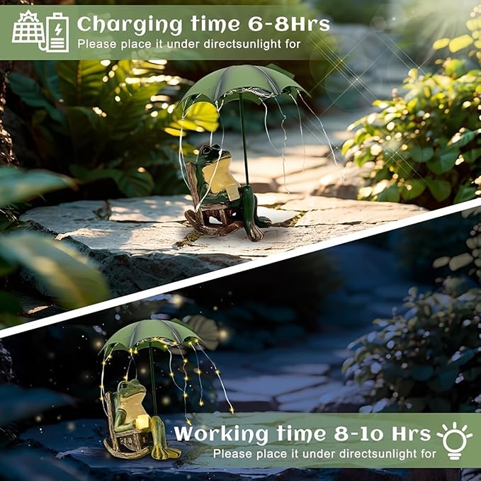 Solar Frog Garden Decor, Waterproof Resin Sitting Frog Statue with Umbrella & LED String Lights, Outdoor Fairy Garden Figurine for Patio Yard Lawn Ornament, Housewarming Gift for Women Mom