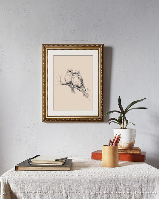 ARPEOTCY Vintage Gold Framed Wall Art, Sketch Birds in Love on a Branch Paintings, Canvas Prints Artwork with Antique Frame, Wall Picture Decor for Bedroom Gallery Living Room, 13x16 inch