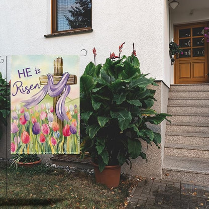 He Is Risen Easter Garden Flag Christian Cross Tulip Easter Garden Flag Decor Spring Double Sided House Flag for Outside Yard Decorations 12×18 Inch