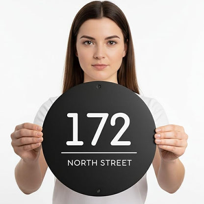 Custom Black Metal House Number and Family Name Sign, Modern Round Address Plaque with Durable UV Print & Rust-Resistant Coating, Weatherproof Home Door Number for Indoor & Outdoor Use, New Home Gift