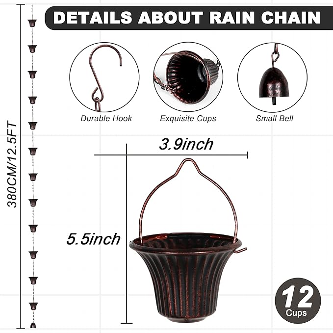 Invech Adjustable Rain Chains for Gutters, 12.5FT Outside Rain Chains with 12 Cups, Bronze Rain Catcher Chain with Bell for Eaves Drainage, Replacement for Downpout