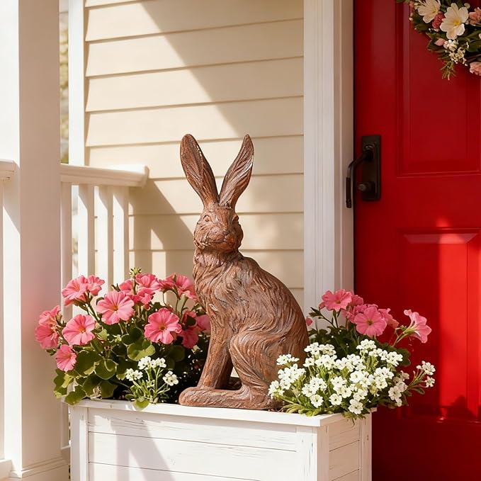 DiliComing Outdoor Rabbit Garden Statue - 12 Inch Large Easter Bunny Decor Brown Resin Animal Sculpture for Home Lawn Yard Decorations Womens Gifts