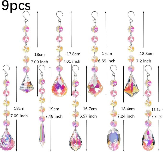 9pcs Sun Catchers with Crystals Rainbow Maker Crystal Suncatchers Prisms Glass Pendant Colorful Hanging Ornaments for Windows Chandelier Office Home Garden Decor