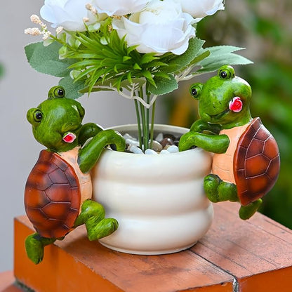 Set of 2 Cute Climbing Tortoise Flower Pot Hugger Figurines Resin Hanging Turtle Statues Planter Pot Decorations for Home Garden Fence Balcony Patio Lawn Yard Ornaments