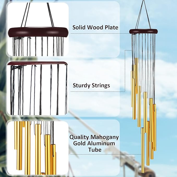 6 Pieces 28 Deep Tone Memorial Wind Chimes with 6 Aluminum Tubes Gold Aluminum Tubes Soothing Melody for Outdoor Garden Patio Home Farmhouse Decor