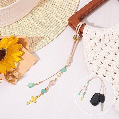 Cross Hanging Car Mirror Ornament Amazonite and Crystal Bead Charm Suncatcher Car Mirror Pendant Accessories Good Luck Keychain for Bag Window Cars Door Garden Balcony Home Decoration