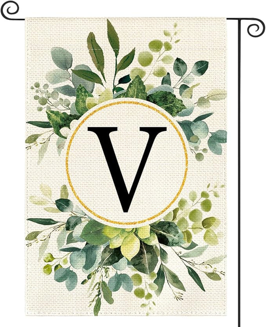 AVOIN colorlife Monogram Letter V Floral Garden Flag 12x18 Inch Double Sided Outside, Family Last Name Initial Yard Outdoor Decoration