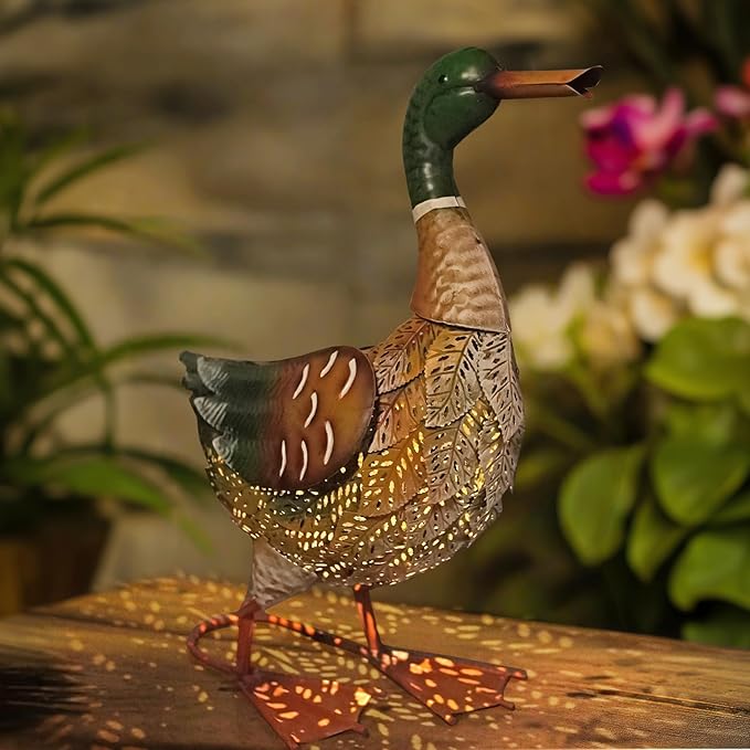 HONGLAND Solar Outdoor Metal Duck Sculpture, 16" Mallard Duck Garden Statue with Lights for Outdoor Patio, Backyard, Lawn, Home Kitchen Decoration