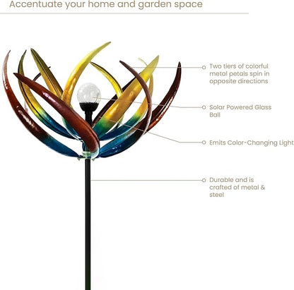 Bits and Pieces Tulip Wind Spinners Outdoor Solar Lighted Metal Wind Spinner, Large Kinetic Garden Sculptures, Crackle Glass Light, Multi-Colored Garden Decor