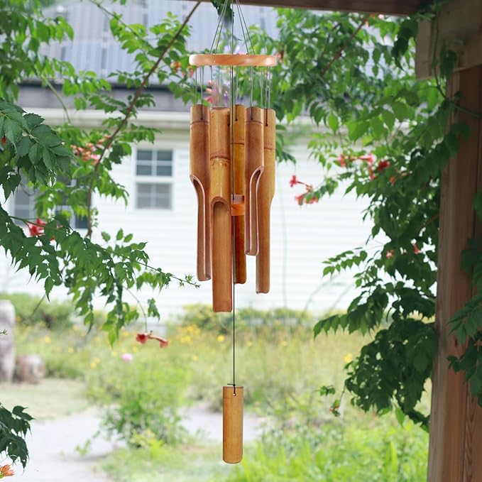 Bamboo Wind Chimes for Outside,Wooden Wind Chimes with Melody Soothing Tone,32" Classic Zen Bamboo Windchime for Porch Patio Garden or Indoor(Dark Brown)(FSC Certified)