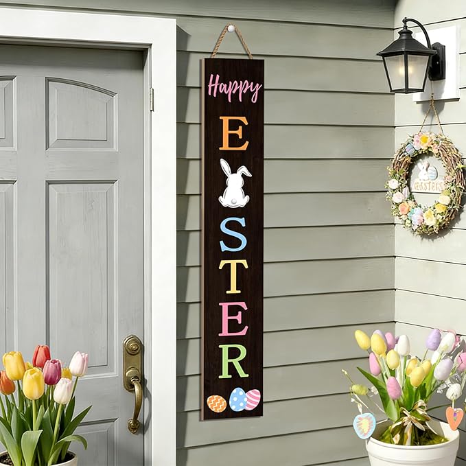 Easter Porch Sign Bunny Rabbit Welcome Sign Vertical Standing Sign For Front Porch Decor Farmhouse Wall Hanging for Patio Yard Party Indoor Outdoor Holiday Decoration 47.2"H Black