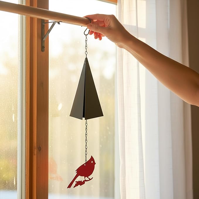 Coastal Country Style Wind Bells Inspired by North Design – Cardinal Bird Geometric Metal Bell Chime with Buoy Catcher for Outdoor Yard Home Decor, Red and Black Windchime for Outside Boothbay Theme
