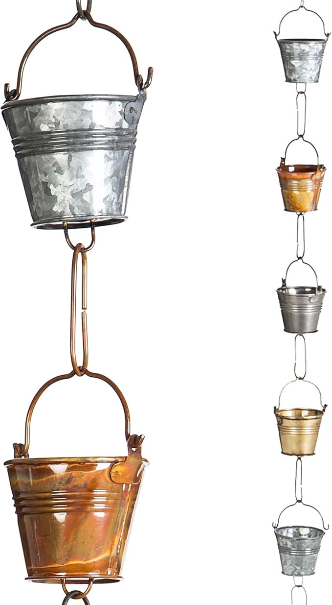 Evergreen Iron Buckets 8 foot Metal Rain Chain - Gutter Downspout Diverter, Decorative Garden Rain Catcher, Outside, Garden, Patio, and Deck