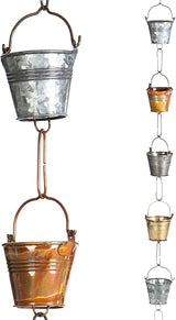 Evergreen Iron Buckets 8 foot Metal Rain Chain - Gutter Downspout Diverter, Decorative Garden Rain Catcher, Outside, Garden, Patio, and Deck