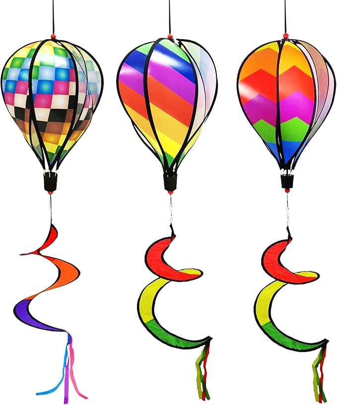 timecity 3pcs Hot Air Balloon Wind Spinner Rainbow Garden Pinwheels Whirligigs Wind Spinner Windmill Striped Rainbow Windsock Rotating Sequins Windmill Wind Twister Hanging Decor