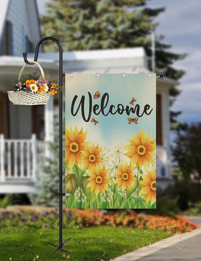LOPANNY Large Garden Flag Holder Stand Pole for 28 x 40 Flags with Shepherds Hooks for Outdoor - Upgraded Sturdy 60 Inches Yard Flag Post Stake Perfect for Outdoor Decor(without Solar Lights & Flag)