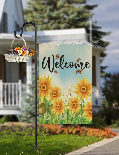 LOPANNY Large Garden Flag Holder Stand Pole for 28 x 40 Flags with Shepherds Hooks for Outdoor - Upgraded Sturdy 60 Inches Yard Flag Post Stake Perfect for Outdoor Decor(without Solar Lights & Flag)