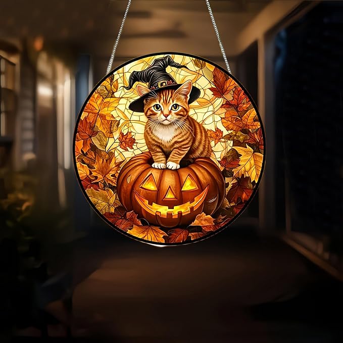 Halloween Sun Catcher for Window Hanging Pumpkin Cat Maple Leaves Acrylic Garden Fall Suncatcher Decor Colorfu Glass for Wall Home, Garden, Housewarming Women Neighbor Thanksgiving Decor Gifts7.87inch