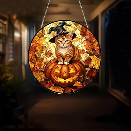 Halloween Sun Catcher for Window Hanging Pumpkin Cat Maple Leaves Acrylic Garden Fall Suncatcher Decor Colorfu Glass for Wall Home, Garden, Housewarming Women Neighbor Thanksgiving Decor Gifts7.87inch