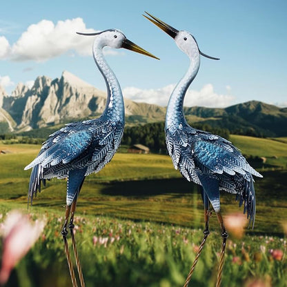 33-35 Inch Blue Heron Garden Statues, Metal Cranes Sculptures Outdoor, Bird Statues Set of 2