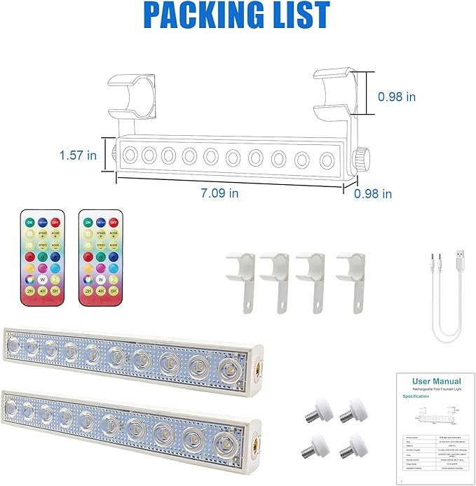 2PCS LED Lights for Pool Fountain, IP68 Waterproof 7-Color 4-Mode, Rechargeable Dual-Purpose with Remote & Clip-on Mount for Pool Waterfall/Underwater Use