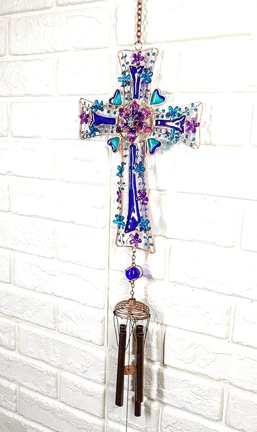 Ebros Gift Blue Floral Aquamarine Cross with Gemstones and Crystals Metal Scroll Filigree Resonant Relaxing Wind Chime 31" Long Aluminum Rods Hanging Mobile Home Patio Garden Decor