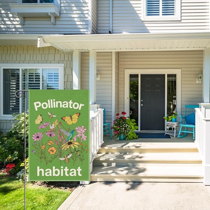 Perfectinsoy Pollinator Habitat Garden Flag, Pollinator Friendly Garden Sign, Eco-Friendly Welcome Yard Home Holiday Farmhouse Porch Patio Outdoor Decor, Flag Gifts for Native Plants Lovers Gardener