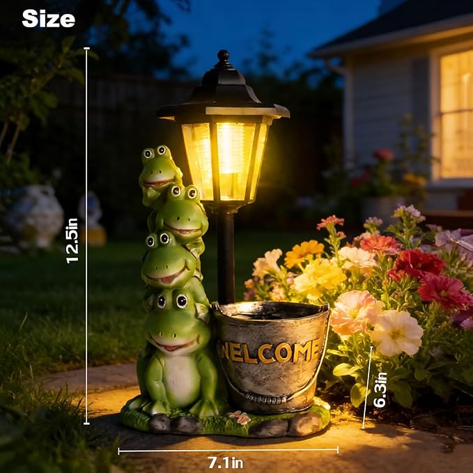 VEEKI Frog Garden Statue Outdoor, Solar Frog Figurine with Lantern and Flowerpot, Resin Frog Decor for Garden Patio Yard Lawn Ornament, Housewarming Birthday Gifts for Women Mom Grandma