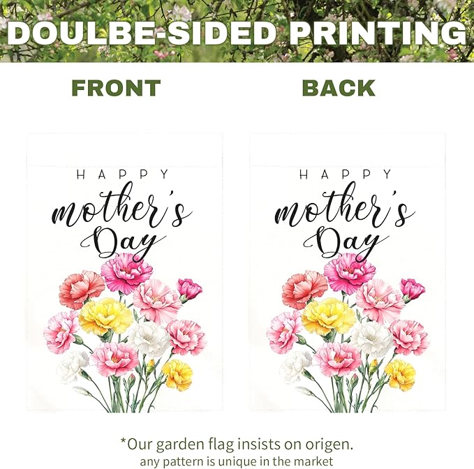 Happy Mother’s Day Garden Flag Floral Carnation Yard Flag for Mom Elegant Spring Flower Outdoor Decor Mothers Day Gift Garden Lawn Porch Patio Double Sided Welcome Flags 12x18 Inch
