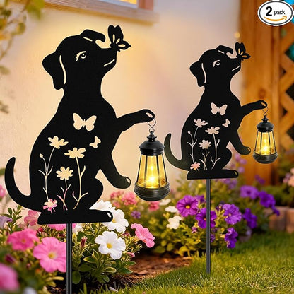 Dog Outdoor Solar Lantern Waterproof, Birthday Gifts for Christmas Women Mom, Solar Hanging Lights with Butterfly Metal Figurine, Garden Decor Outside Patio Yard Pathway Backyard Ornaments, 2 Pack