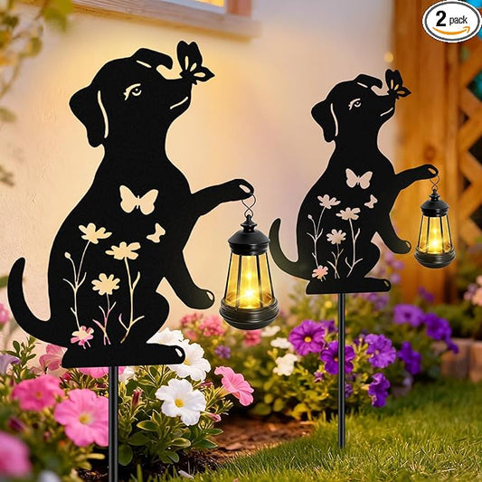Dog Outdoor Solar Lantern Waterproof, Birthday Gifts for Christmas Women Mom, Solar Hanging Lights with Butterfly Metal Figurine, Garden Decor Outside Patio Yard Pathway Backyard Ornaments, 2 Pack