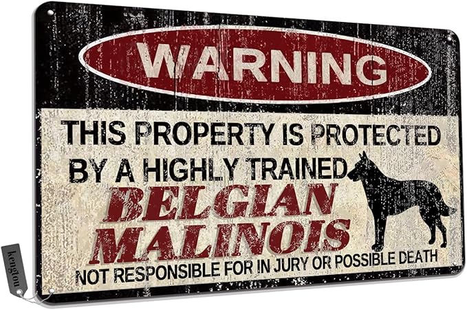 Vintage Belgian Malinois Metal Sign Warning This Property is Protected by Highly Trained Belgian Malinois Yard Sign Outdoor Home Wall Decor 12x8Inch