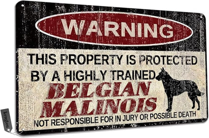 Vintage Belgian Malinois Metal Sign Warning This Property is Protected by Highly Trained Belgian Malinois Yard Sign Outdoor Home Wall Decor 12x8Inch