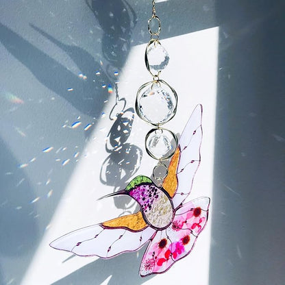Yellow Acrylic Hummingbird Flowers Garden Suncatcher Christmas Tree Decroations Window Hanging Ornaments Crystal Prism Rainbow Maker Sun Catcher Gifts for Mom Grandma Sister Bird Lovers