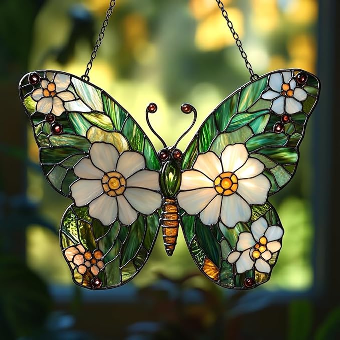 Daisy Fresh Butterfly Acrylic Suncatcher Stained Glass Effect Window Car Hanging Christmas Ornament Indoor Outdoor Decor Garden Sun Catcher Panel for Butterfly Lover for Women Mom Grandma