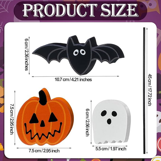 6 Pcs Wood Pumpkin Ghost and Bat Garden Stakes Yard Decor Set for Halloween Indoor Outdoor Lawn Pathway Patio Ornaments