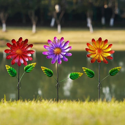 Garden Stakes Decorative, Metal Flowers for Outside, Glow in Dark Yard Lawn Ornaments Plant Pot Flower Bed Decor, Patio, Set of 3, Purple Yellow Red