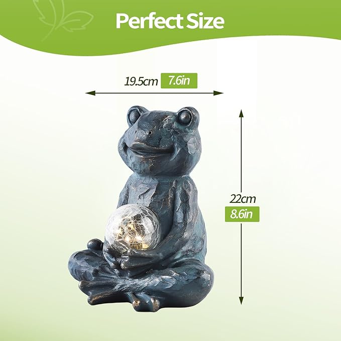 Solar Meditation Frog Garden Statue with Crackle Glass Ball Light, Zen Outdoor Decor, Waterproof Solar Powered Garden Sculpture, 8.7"