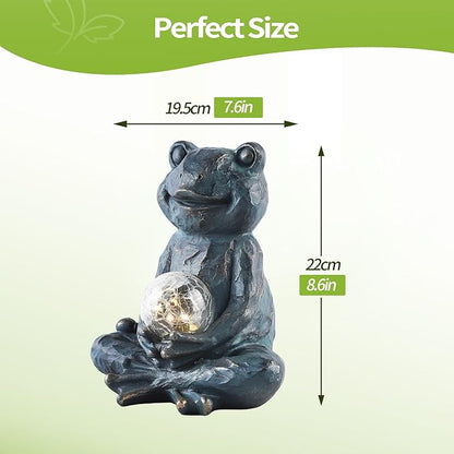 Solar Meditation Frog Garden Statue with Crackle Glass Ball Light, Zen Outdoor Decor, Waterproof Solar Powered Garden Sculpture, 8.7"