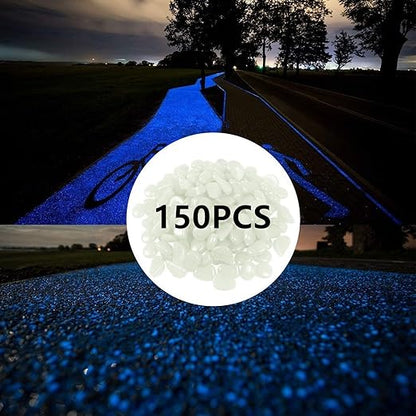 Glow in the Dark Garden Pebbles 150pcs Outdoor Decor Bulk Blue Eden Glow Stones DIY Walkway Driveway Fairy Decoration Luminous Rocks Aquarium Fish Tank Gravels (White in Daytime, Blue in the Dark)