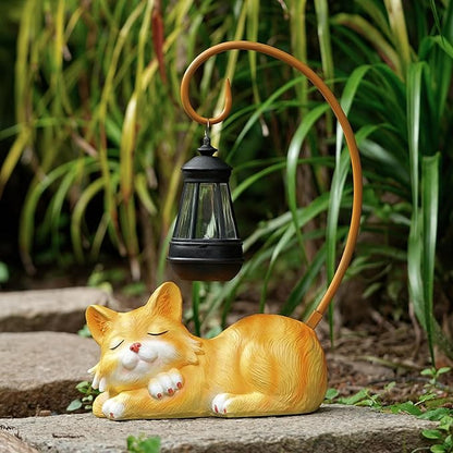 WSgift Outdoor Cat Figurine Garden Statue with Solar-Powered LED Light 13.77 Inches Tall Gift Garden Statue Decor for Cat Lovers Yellow