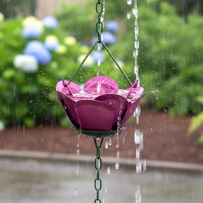 Kroc4vani 5.9ft Rose Rain Chain for Gutters Outside - Rain Chain with 8 Purple Rose Cups Adjustable Hanging Gutter Downspout Replacement for Eaves Drainage, Functional Decorative Outdoor Use