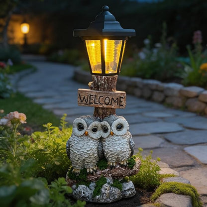 Outdoor Garden Owl Statue with Solar Lights, Owl Figure with Welcoming Sign, for Outdoor Landscapes, Courtyards, Paths, Outside Patio Lawn Decor, Gifts for Women, Owl Lovers