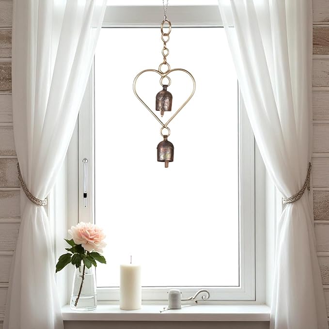 Rustic Metal Heart Bell Wind Chime – Heart-Shaped Decorative Bell with Antique Brass Finish – Hanging Indoor Outdoor Farmhouse Decor – Valentine's Gift or Garden Accent 8.5 x 3.75 Inch