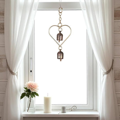 Rustic Metal Heart Bell Wind Chime – Heart-Shaped Decorative Bell with Antique Brass Finish – Hanging Indoor Outdoor Farmhouse Decor – Valentine's Gift or Garden Accent 8.5 x 3.75 Inch