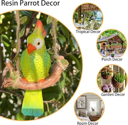 Hanging Resin Parrot Decor Tiki Bar Decorations Outdoor Tropical Yard Pool Decorations Indoor Hanging Bird Statue for Tree Plant Patio Garden Lawn Porch Balconies Decor(Green)