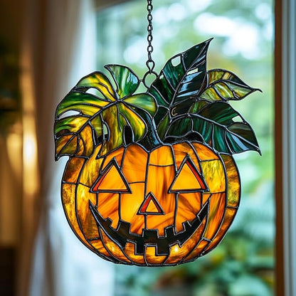 Monstera Jack-o'-Lantern Acrylic Suncatcher Stained Glass Effect Window Car Hanging Christmas Ornament Indoor Outdoor Decor Garden Sun Catcher Panel for Monstera Lover for Women Mom Grandma